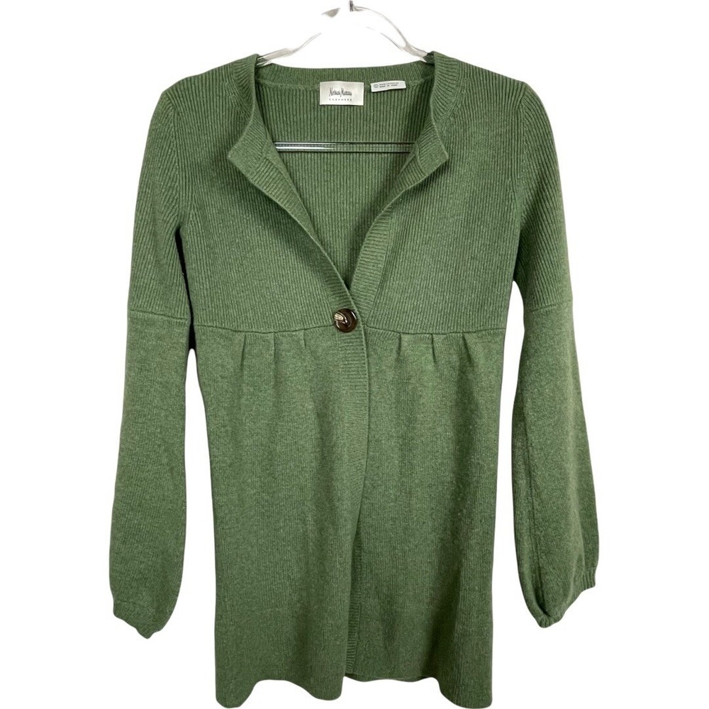 Neiman Marcus Cashmere Ribbed Bell Sleeve Tunic Cardigan Green Size Small